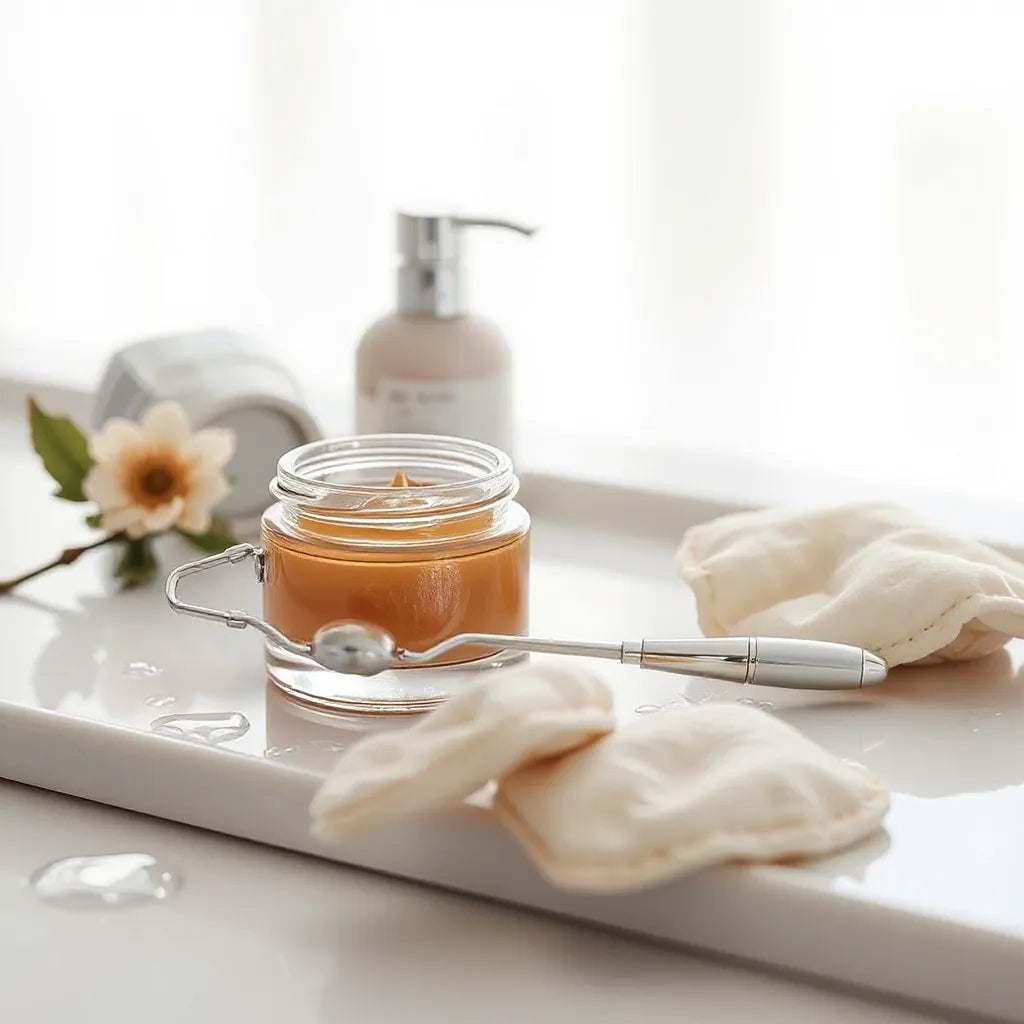 Under-eye skincare jar and roller on a clean vanity with soft morning light and neutral cotton pads