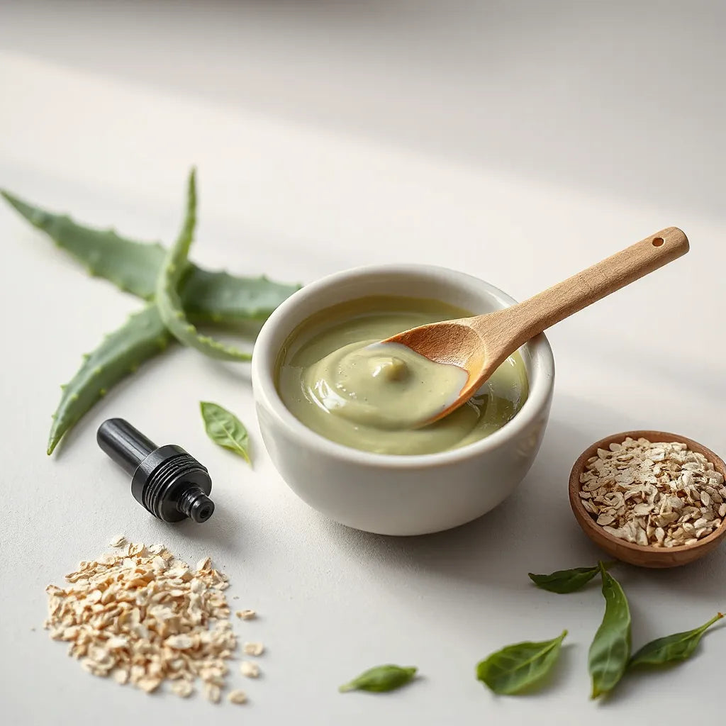 Creamy plant-based face mask in a ceramic bowl with aloe and green ingredients on a minimal countertop