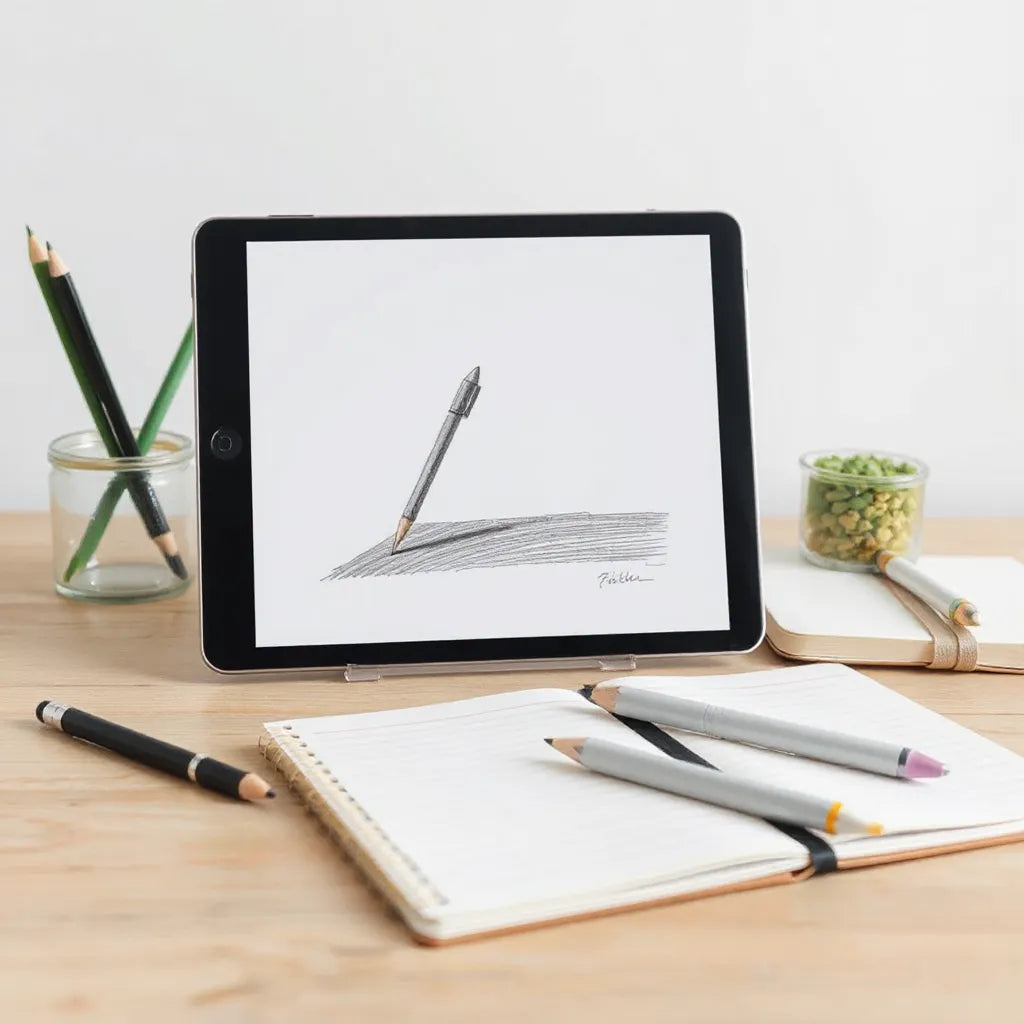 iPad on a stand with stylus beside it, showing a simple sketch on the screen