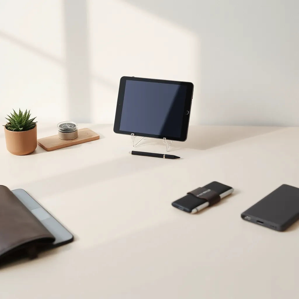 Tablet on a stand with stylus, keyboard cover, protective case, and neatly arranged charging cable