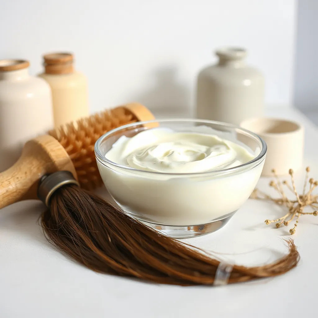 Creamy hair repair mask in a bowl beside a brush with glossy hair strands in soft light