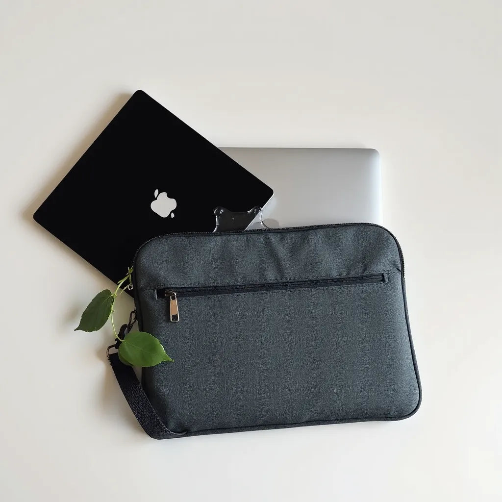 Water-resistant laptop sleeve with zipper and padded interior next to a laptop on a clean surface