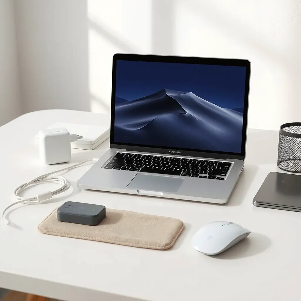 Minimal desk setup with a laptop, charging adapter, dock, and protective sleeve arranged neatly