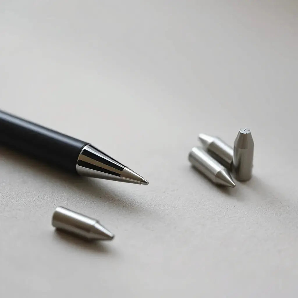 Interchangeable metal tips for a stylus arranged neatly on a clean surface