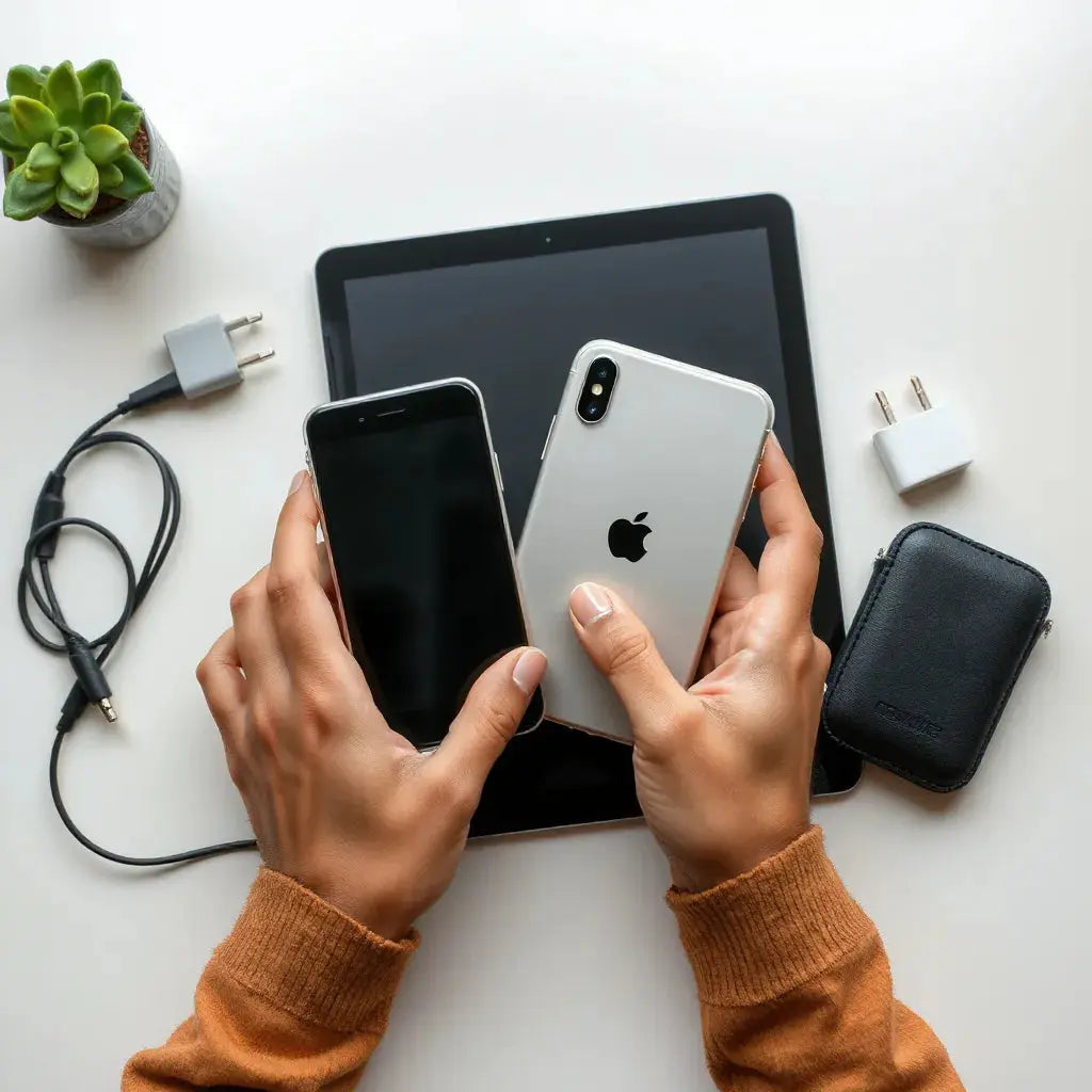 Hands comparing an Apple device with a charging cable and adapter on a clean desk