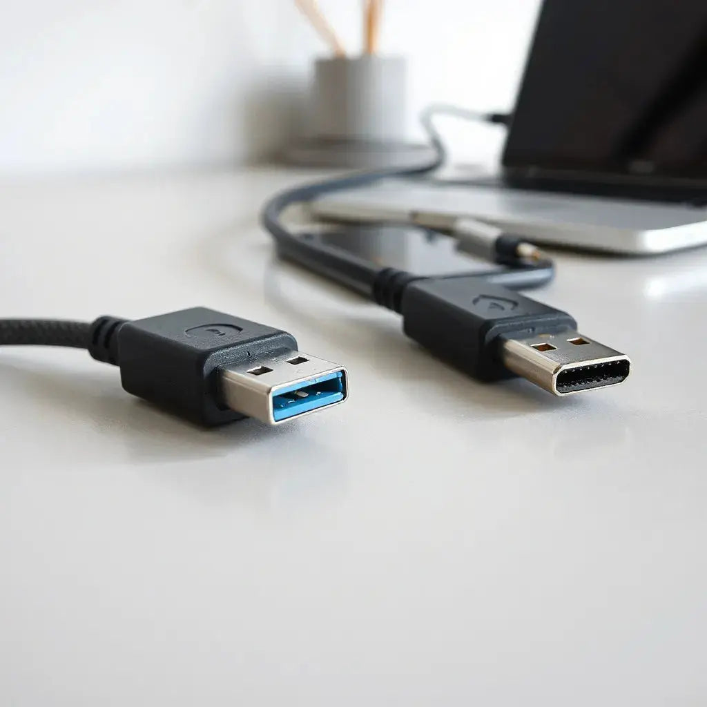 USB-C and USB-A data sync cables with connectors on a clean desk next to a laptop and smartphone