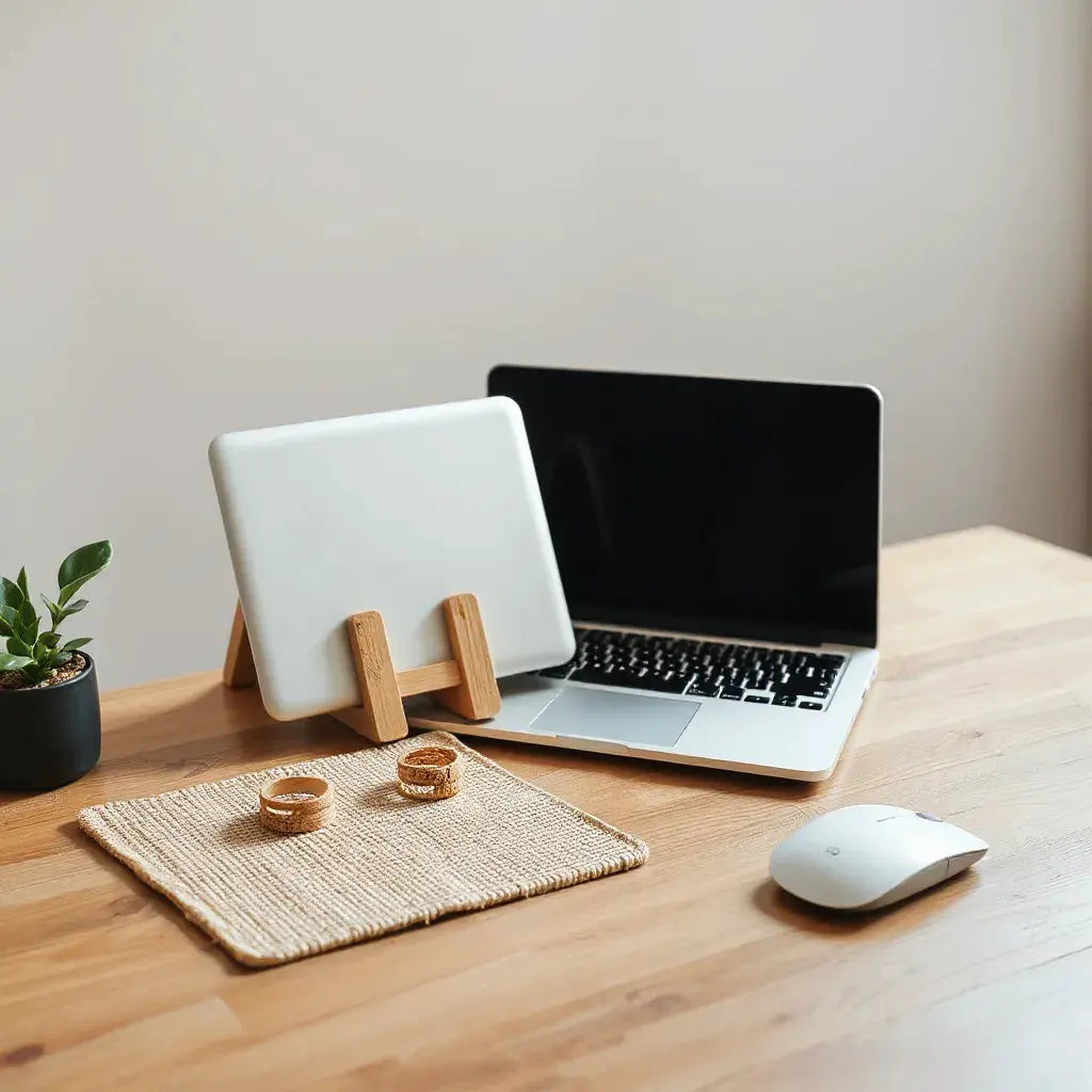 Minimal desk setup with an open laptop and eco-friendly sleeve, stand, cable ties, and natural mouse pad