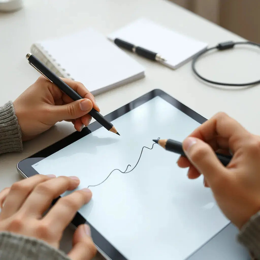 Stylus tip gliding on a tablet screen with crisp digital sketch lines
