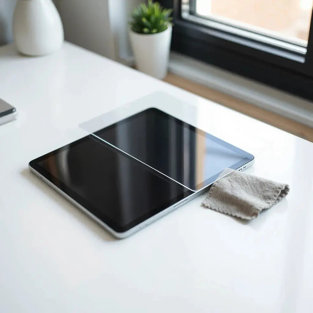 iPad with a transparent screen protector aligned for installation on a clean desk
