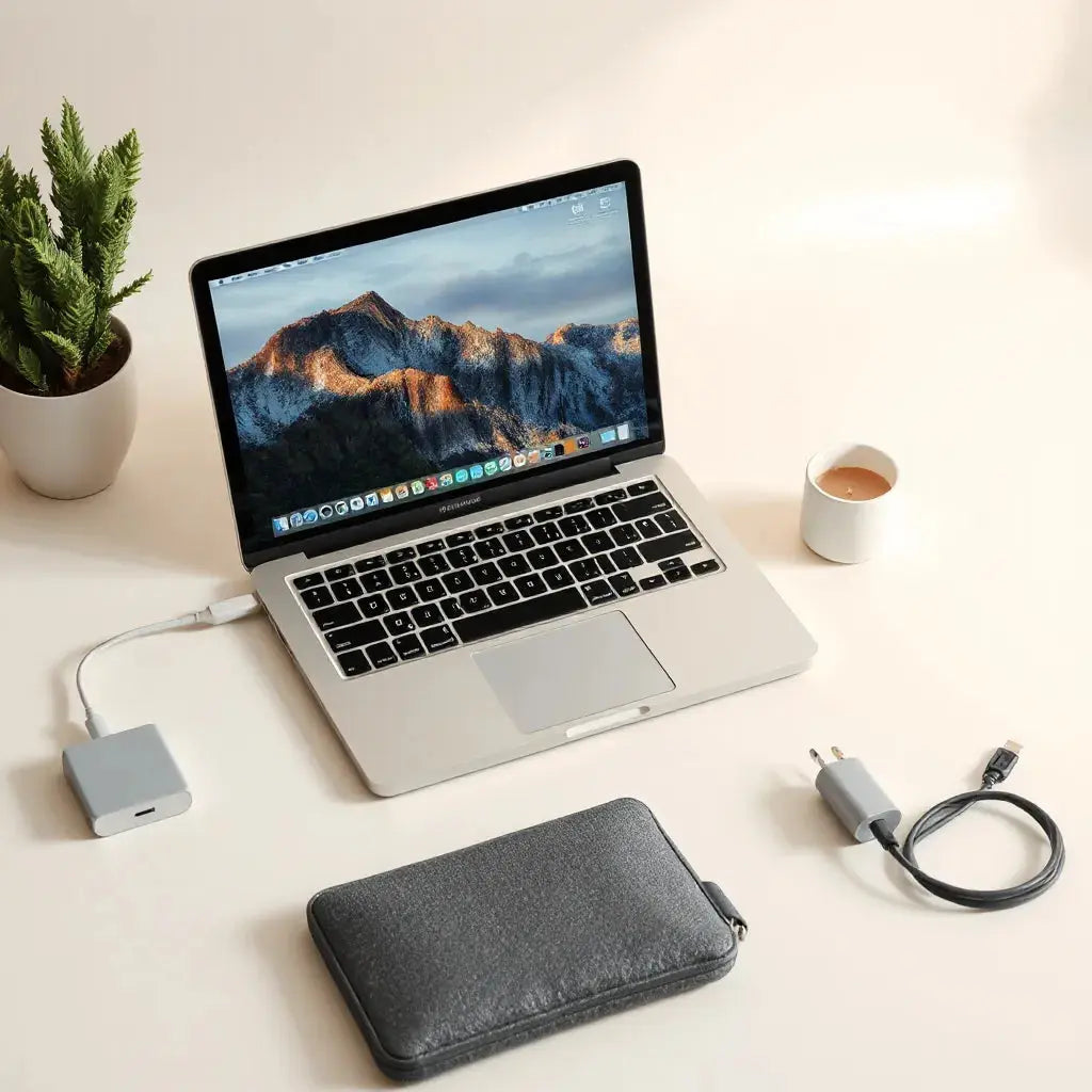 MacBook Air with neatly arranged USB-C hub, slim case, stand, charger, and organized cables.