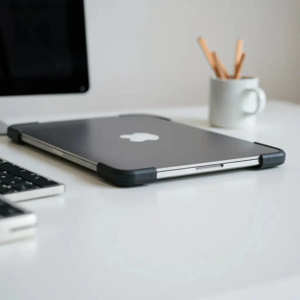 MacBook with a fitted protection case showing reinforced corners and shock-absorbing edges on a clean desk
