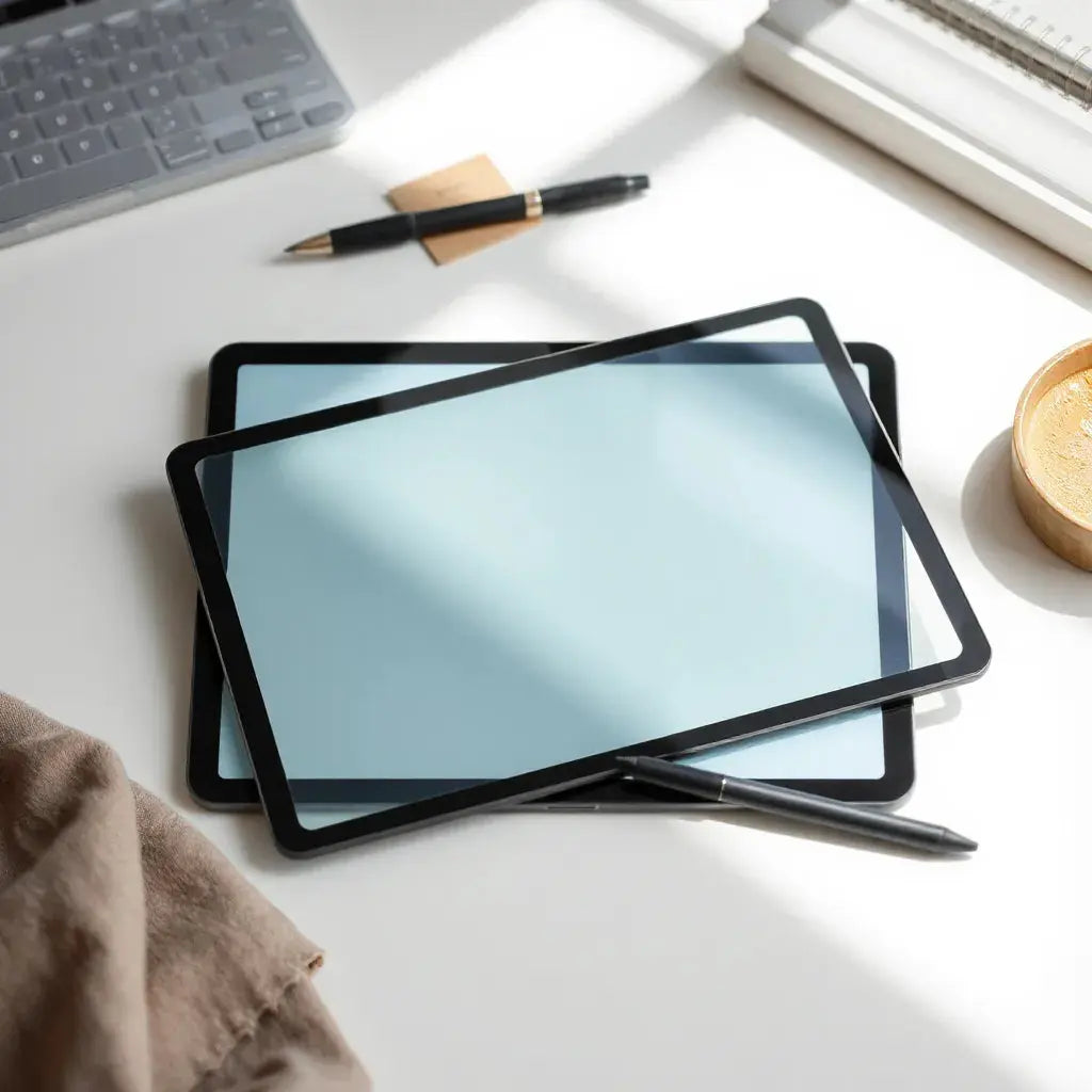 Tablet screen with a matte paper-like protector and a stylus on a clean desk