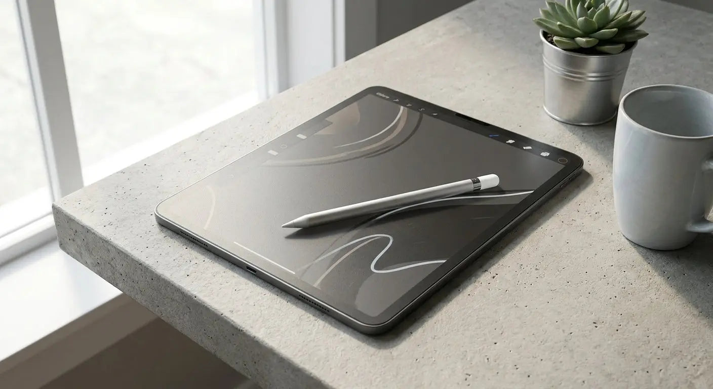 An Apple Pencil resting on an iPad Pro screen on a minimalist concrete desk, lit by soft natural light to highlight the screen surface texture.