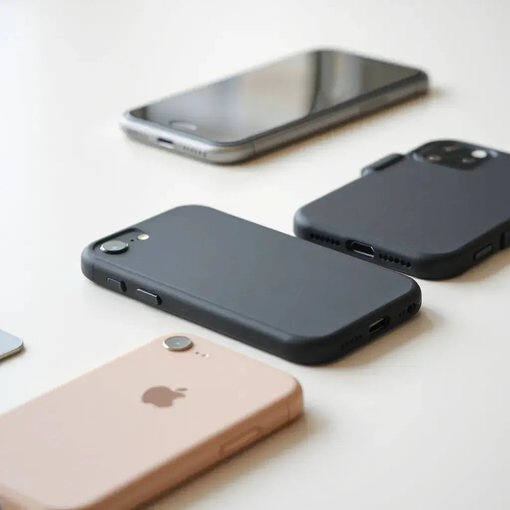 Assorted iPhone cases showing slim protection, textured finishes, and accessible buttons and ports