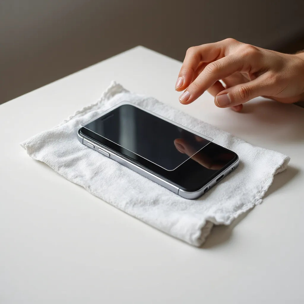 Hands align a paper-like screen protector on a smartphone on a microfiber cloth