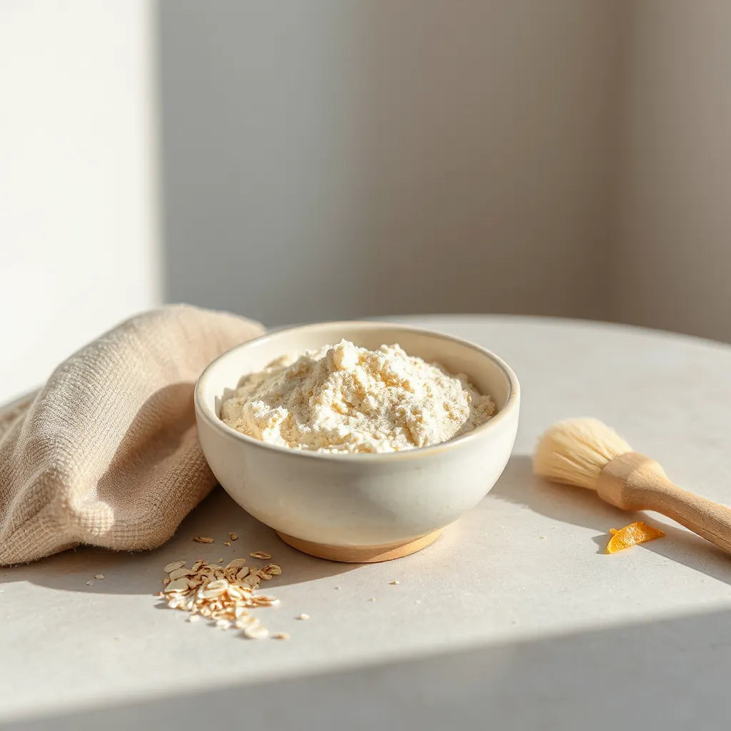 Creamy gentle exfoliating scrub in a bowl with oat flakes and sugar granules on a clean stone surface