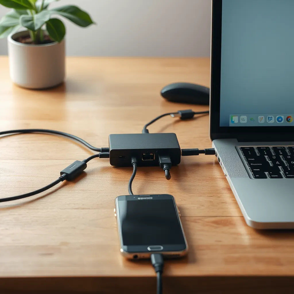Compact multi-port hub connected to a laptop with several device cables on a clean desk