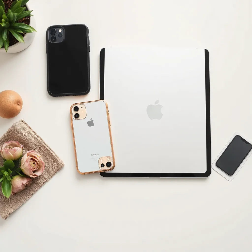 iPhone and iPad with protective cases and screen protector alongside a microfiber cleaning cloth