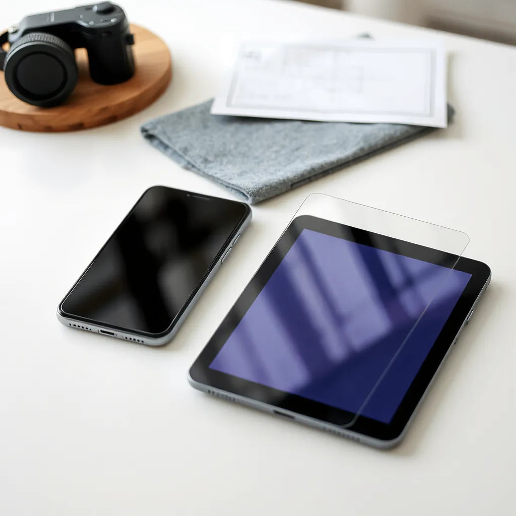 Smartphone and tablet with a transparent screen protector being aligned on clean desk
