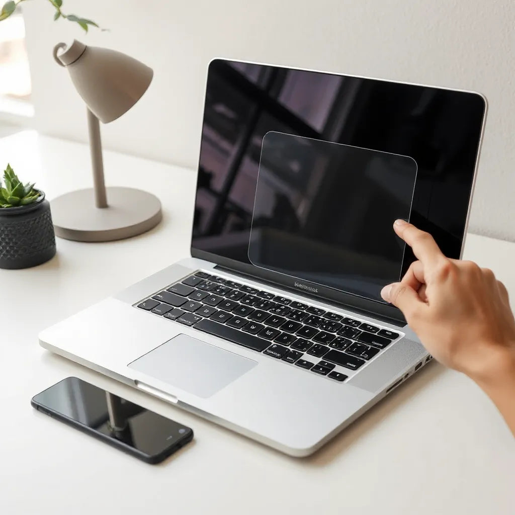 Screen protector being aligned on a 14-inch MacBook Pro display with clear, bubble-free fit.