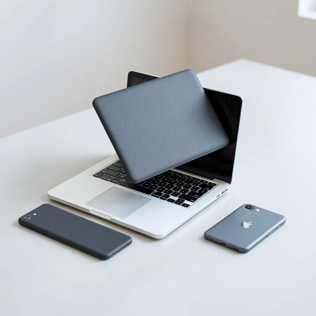 Sleek MacBook case fitted on a laptop with minimal accessories on a clean tabletop