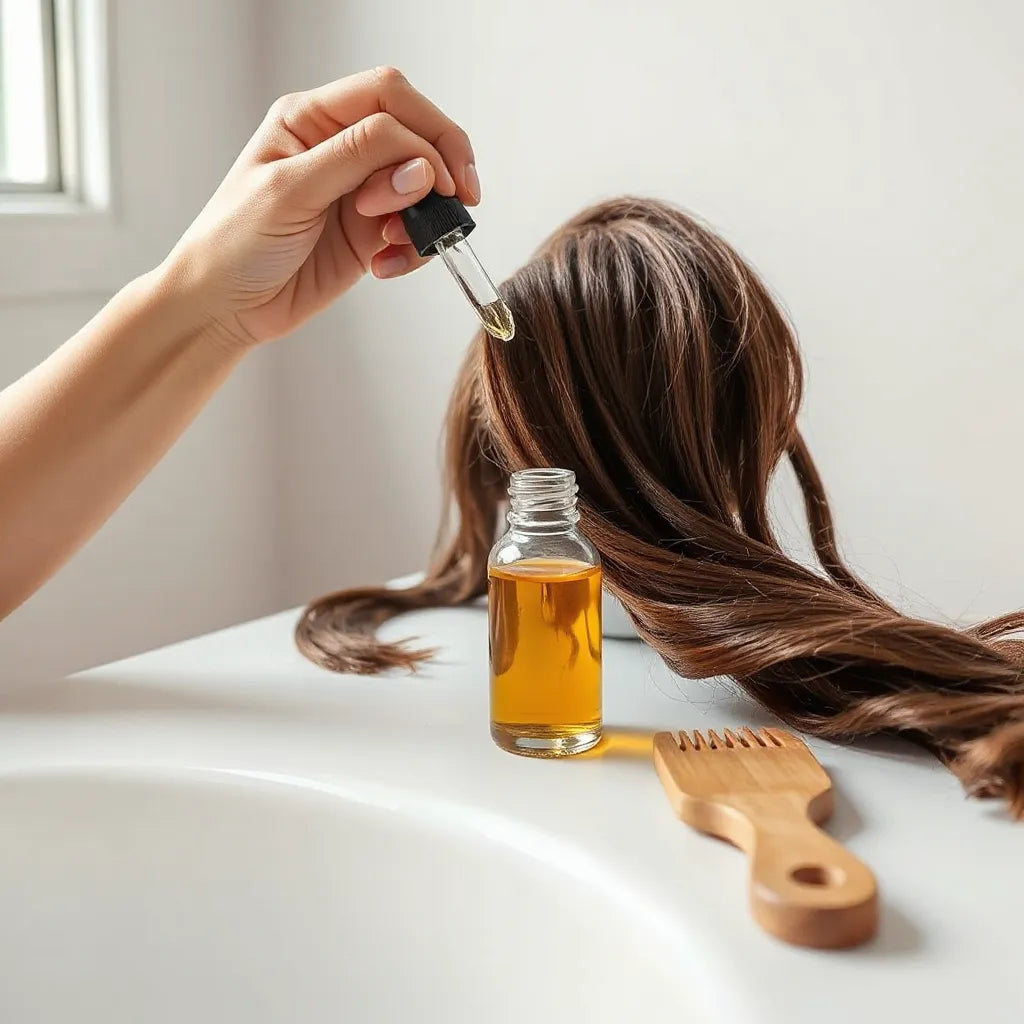 Hands applying natural hair oil to textured hair with a dropper bottle and wooden comb nearby