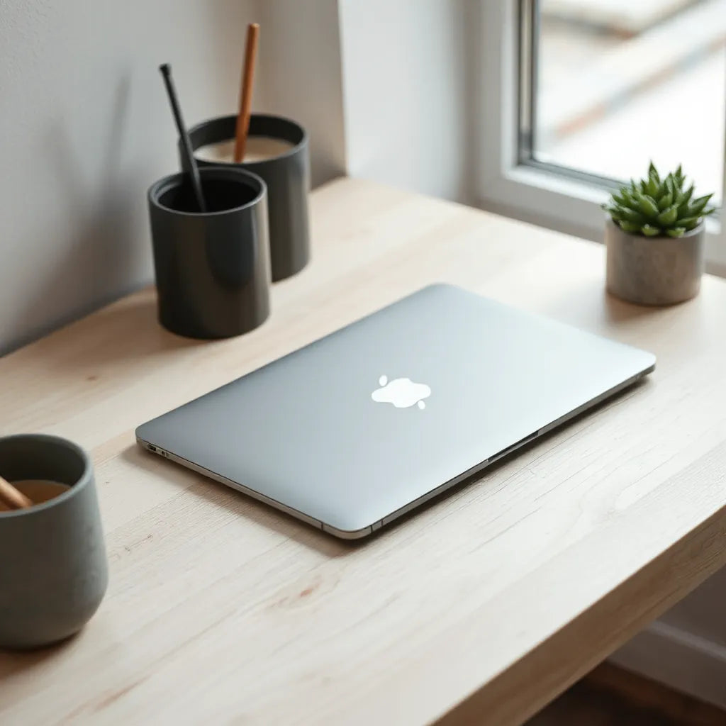 Thin protective cover aligned for a MacBook on a light wood desk under natural window light
