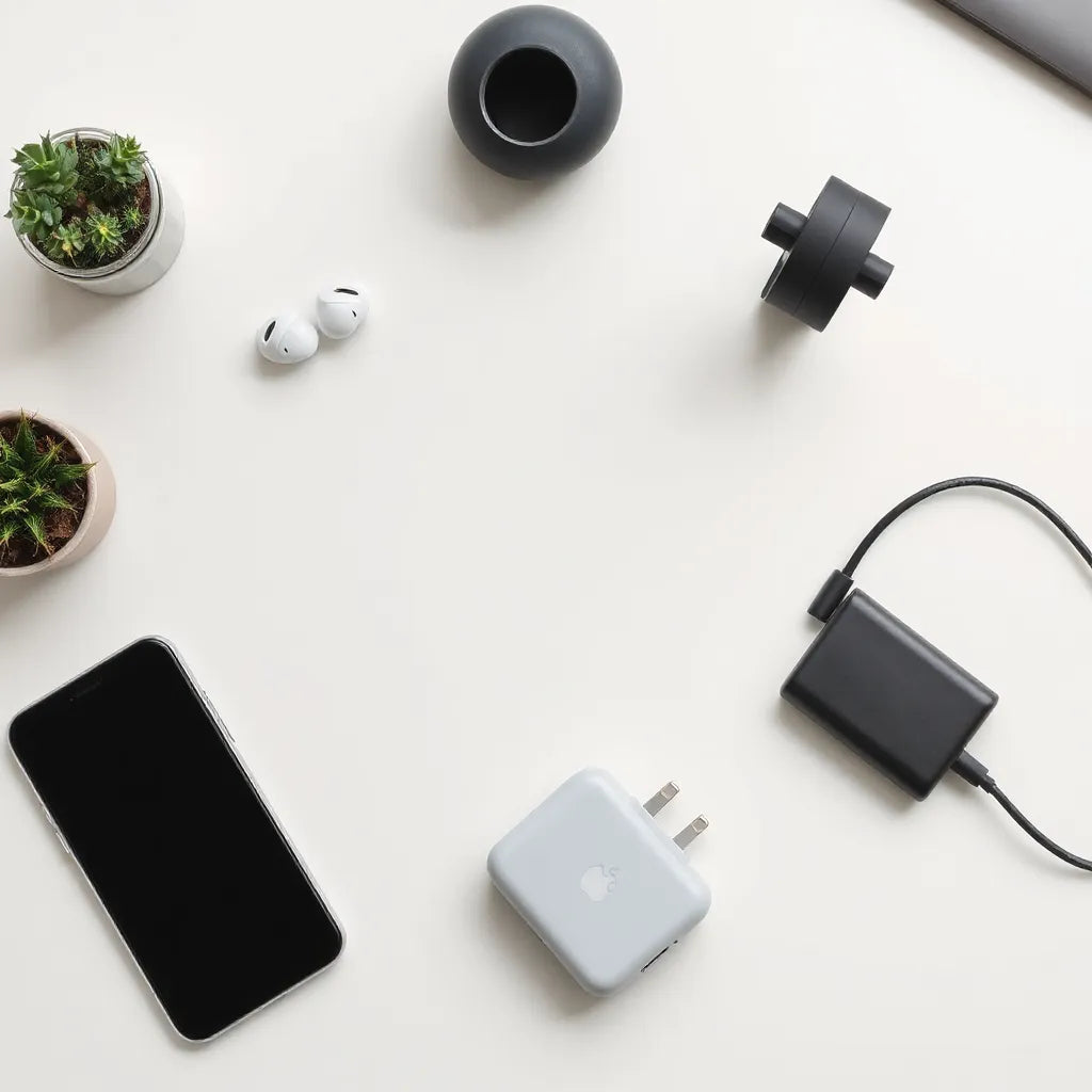 Everyday tech accessories arranged on a desk: phone, earbuds, charger, hub, power bank, and cables