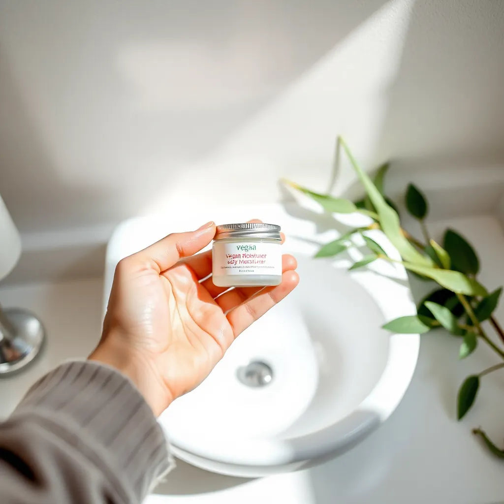 Hand applying a vegan body moisturizer from a pump bottle with fresh green leaves on a clean vanity