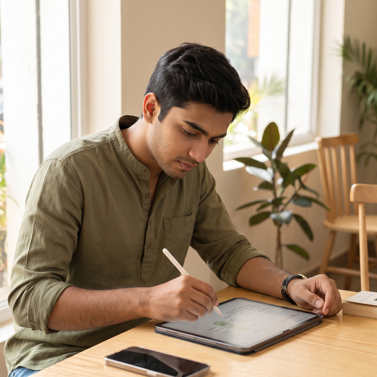Student writing notes with an Apple Pencil on an iPad with a paper-feel screen protector in a sunny cafe