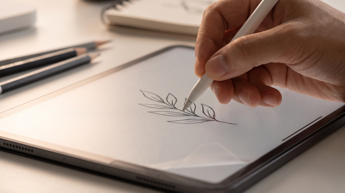 Close-up of an Apple Pencil drawing a leaf sketch on an iPad fitted with a matte paper-feel screen protector