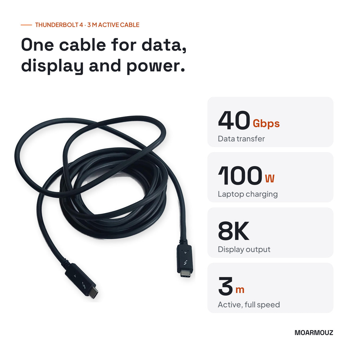Thunderbolt 4 cable specs: 40Gbps data, 100W charging, 8K display, 3 m active — Moarmouz