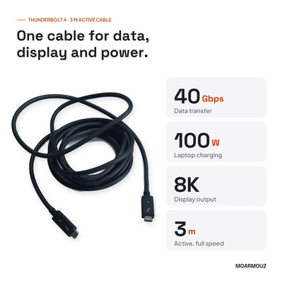 Thunderbolt 4 cable specs: 40Gbps data, 100W charging, 8K display, 3 m active — Moarmouz