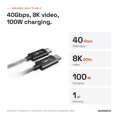 USB4 Gen3 USB-C Cable — 100W Charging, 8K Video, 40Gbps Data: key specifications — Moarmouz