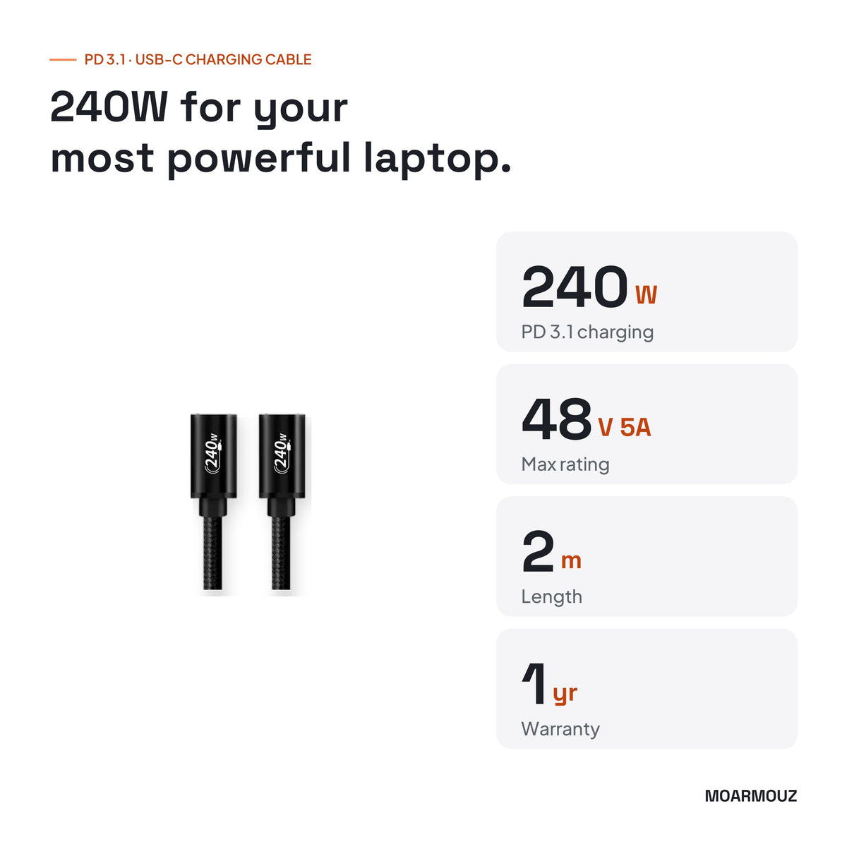 240W USB-C to USB-C Charging Cable — PD 3.1, 48V 5A: key specifications — Moarmouz