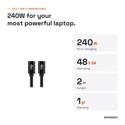 240W USB-C to USB-C Charging Cable — PD 3.1, 48V 5A: key specifications — Moarmouz